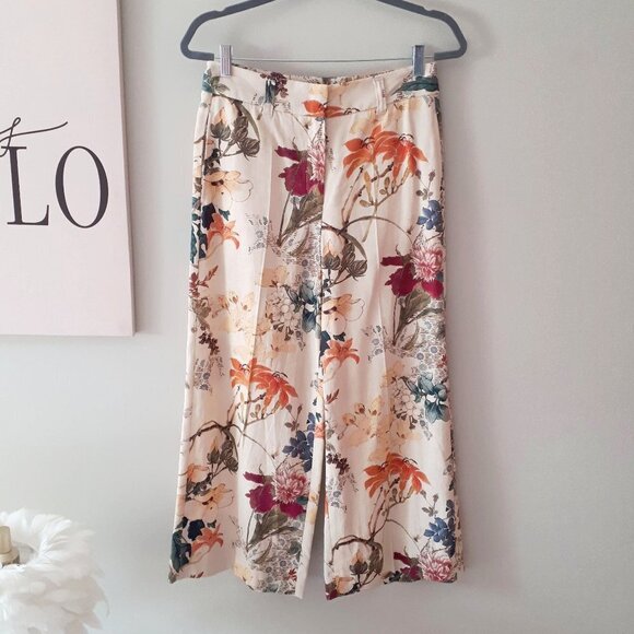 NWOT Seductive Pants cream beige floral print wide leg linen blend culottes, 36 - Picture 12 of 13